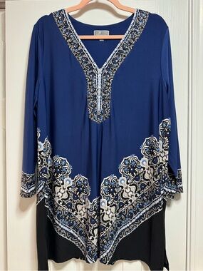 JM Collection Navy Blue Embroidered V-Neck Tunic with White and Black Accents